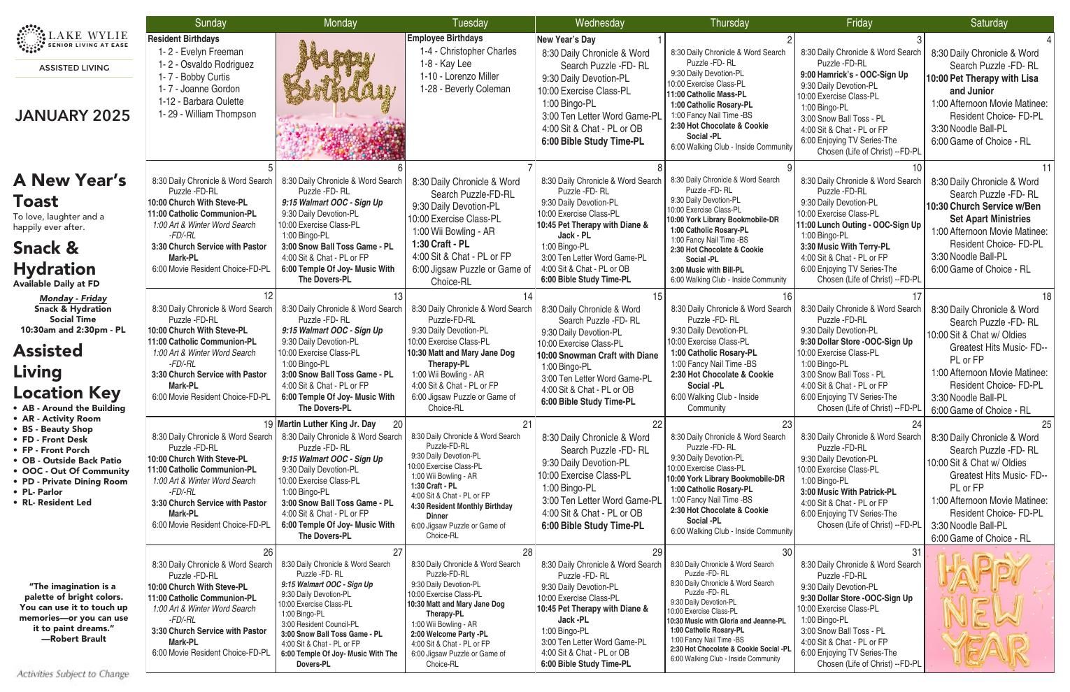 Assisted Living Event Calendar