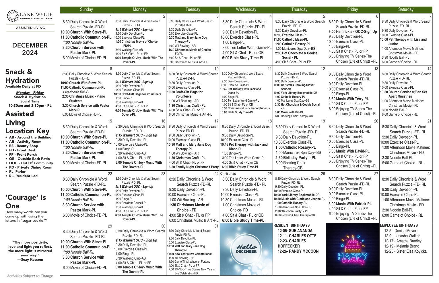 Assisted Living Event Calendar